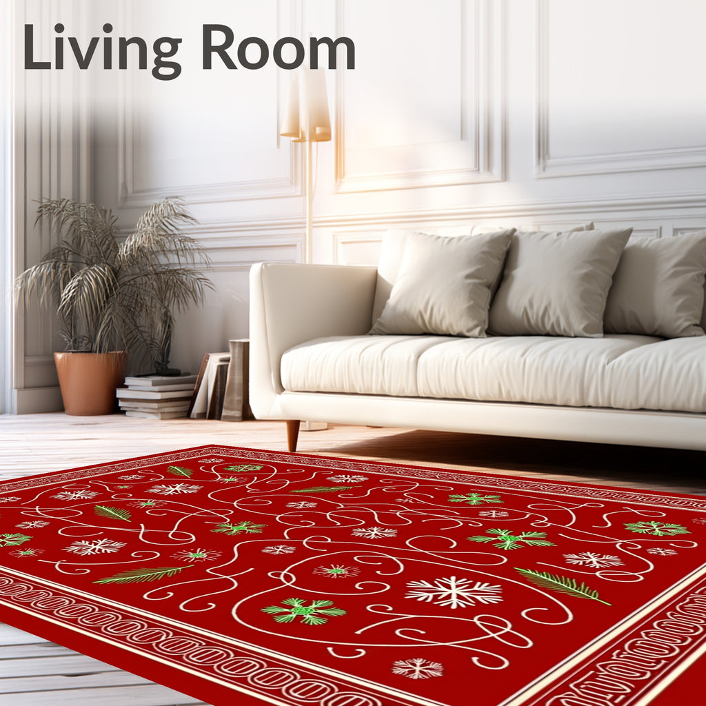 Crimson Snowflake Pine Needle Swirl Rug
