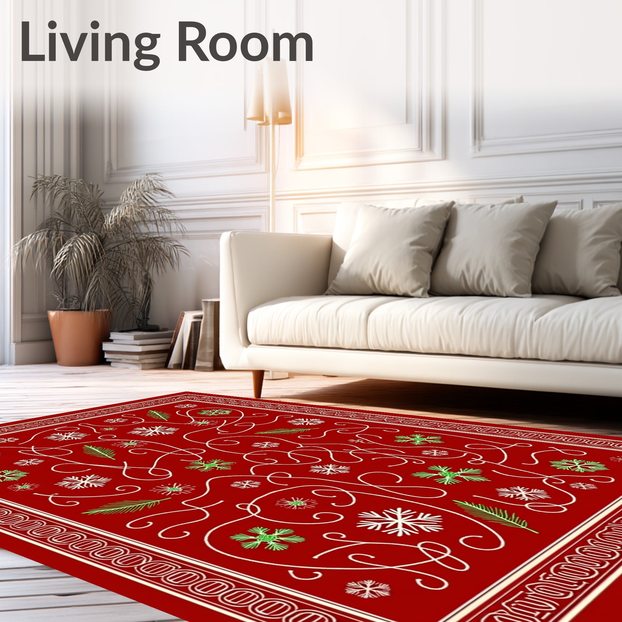 Crimson Snowflake Pine Needle Swirl Rug