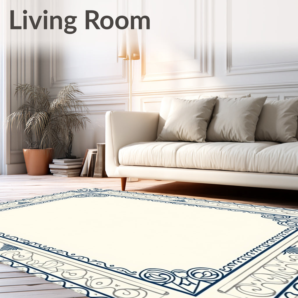 Classic Navy Ivory Scroll Border Rug