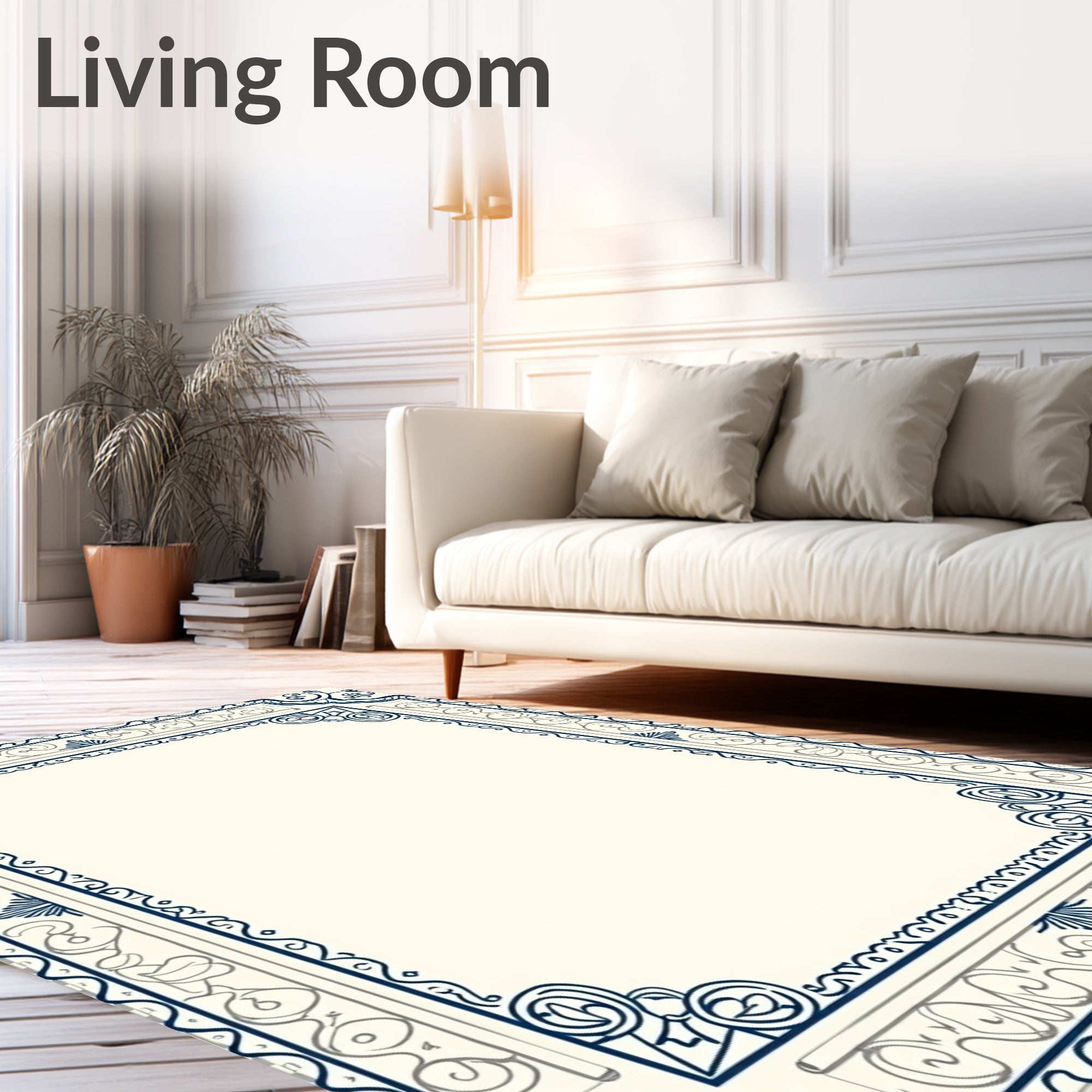 Classic Navy Ivory Scroll Border Rug
