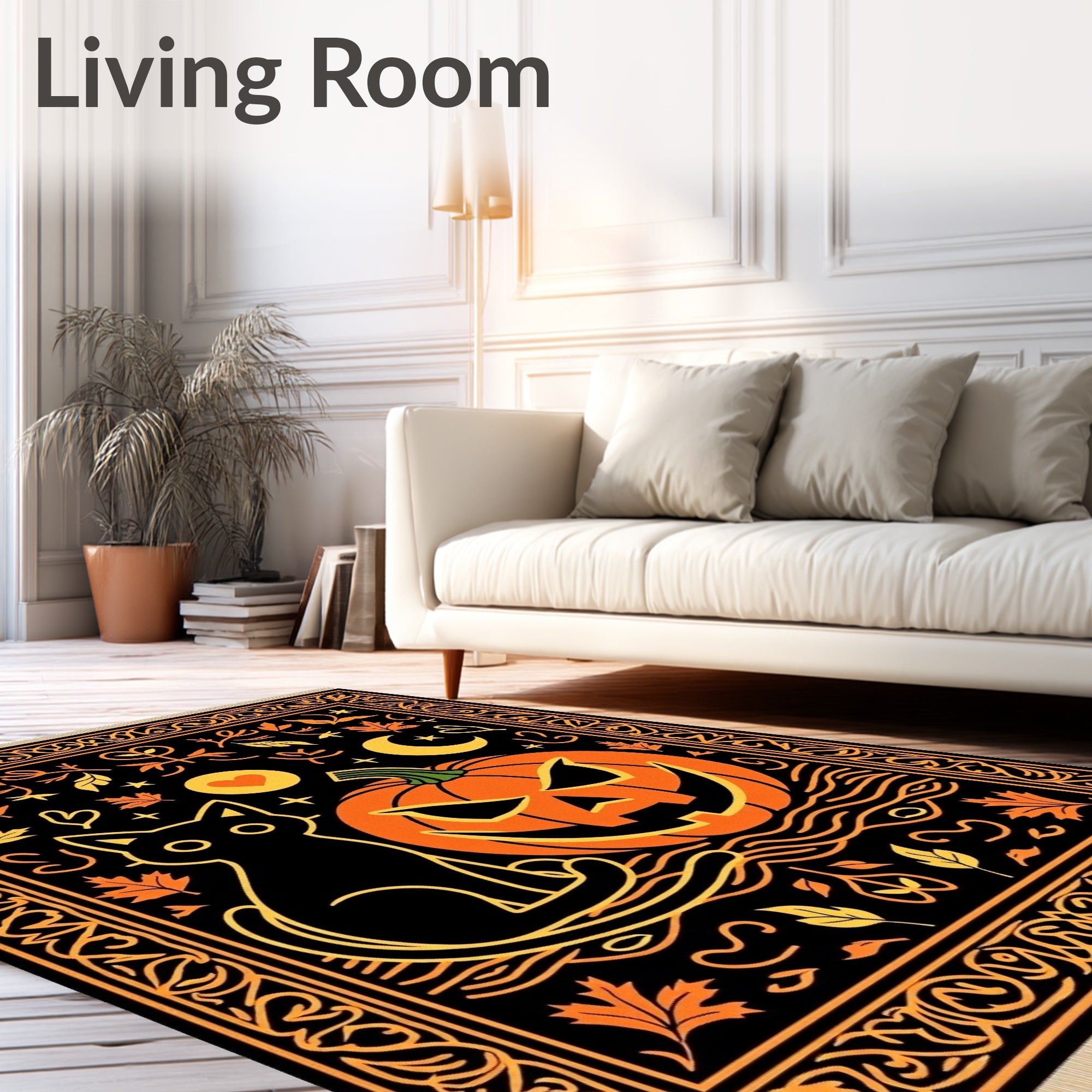 Black Cat Pumpkin Halloween Folk Art Rug