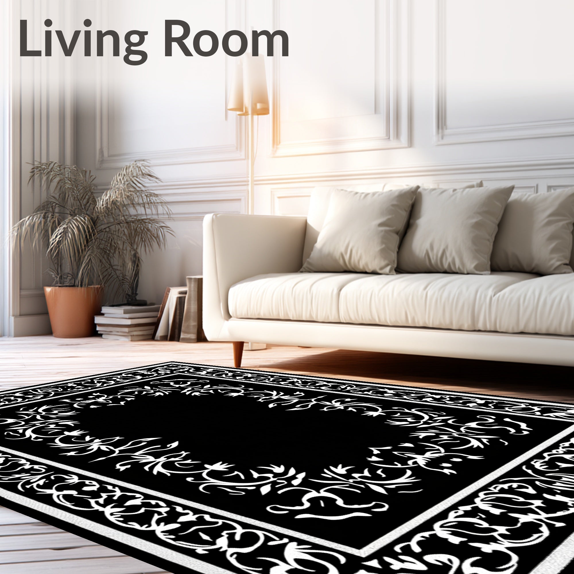 Classic Black White Floral Frame Rug