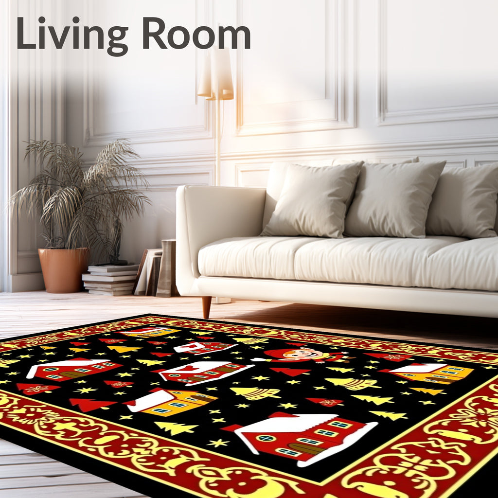 Whimsical Elf Village Red Yellow Border Rug