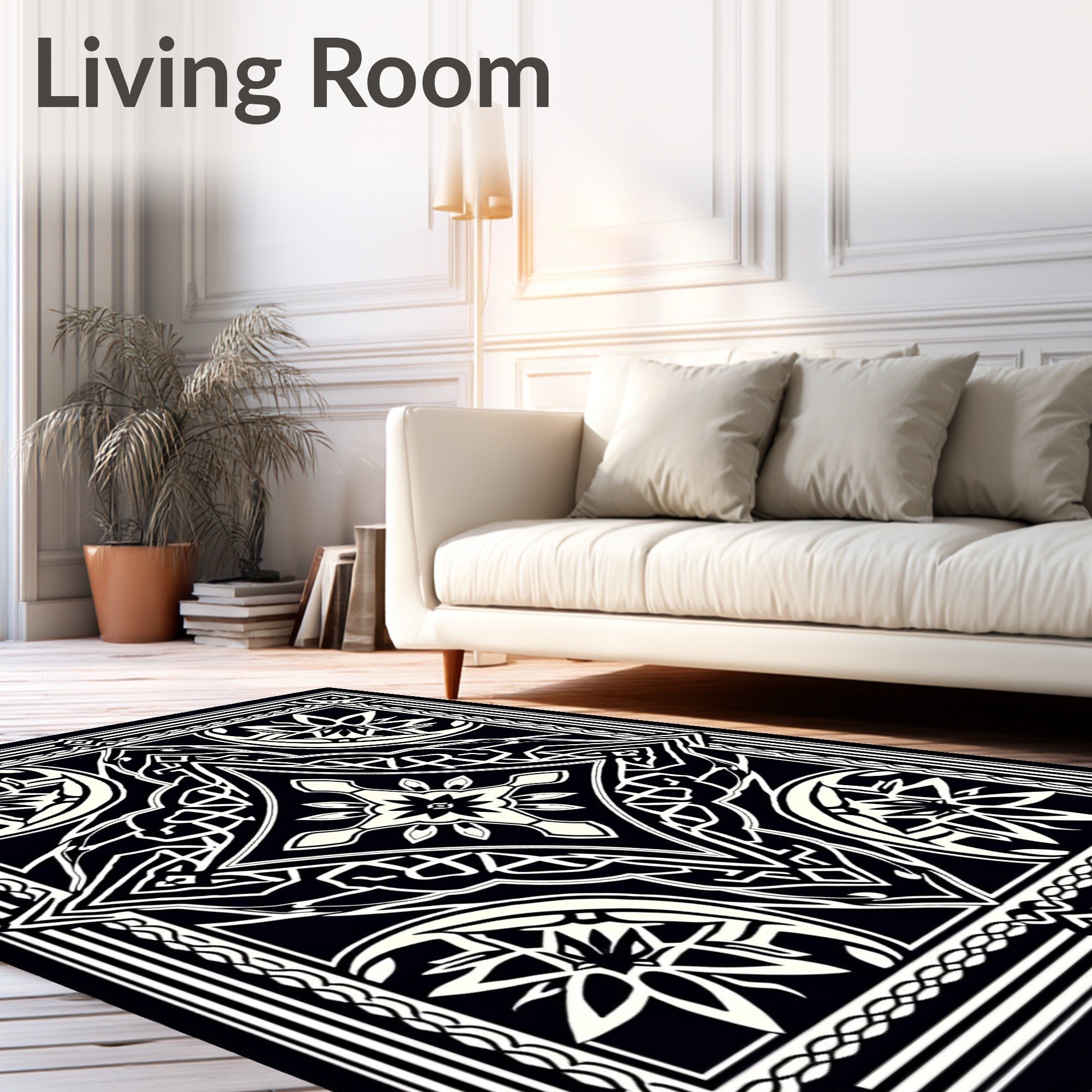 Black White Intricate Floral Diamond Rug