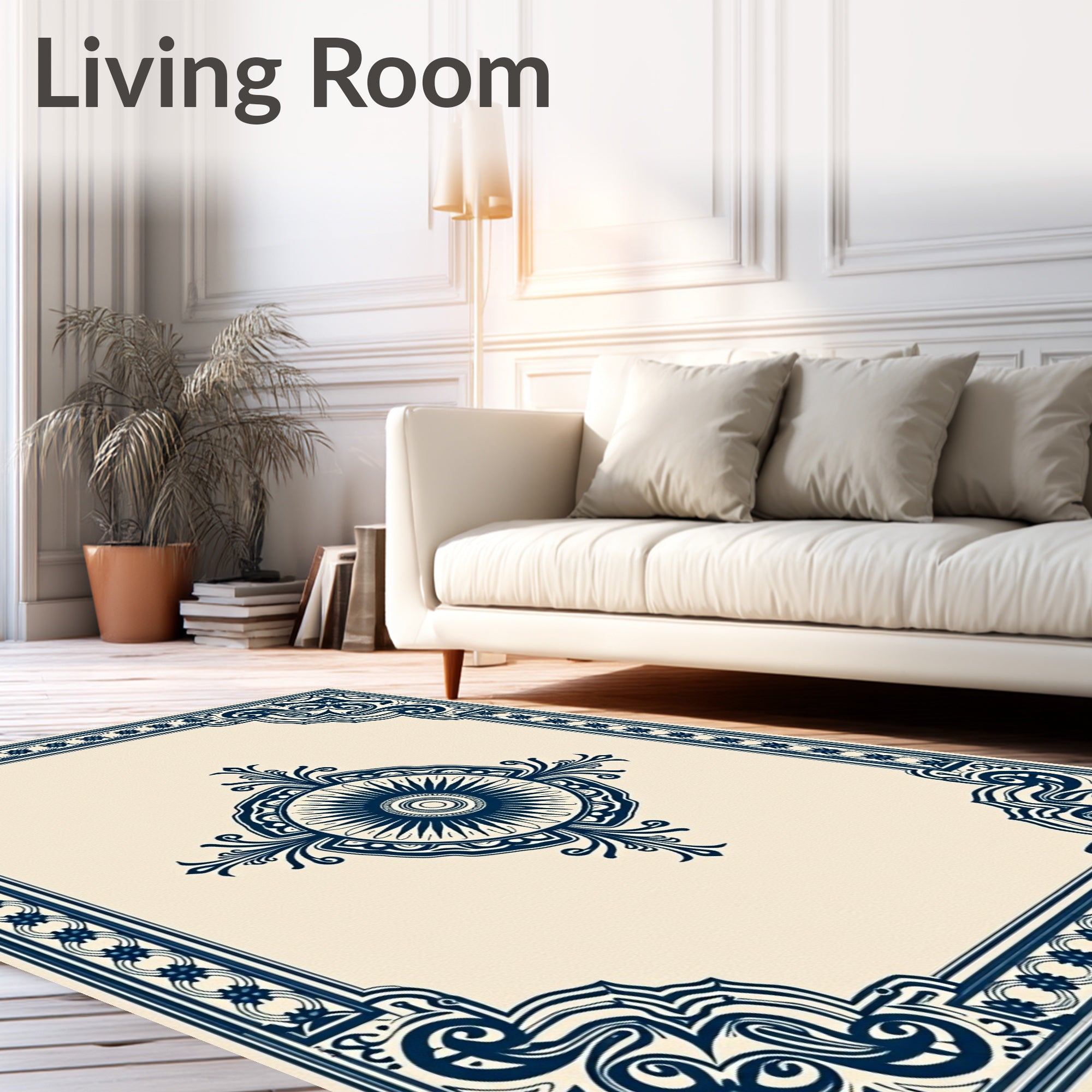 Dark Blue Intricate Floral Frame Rug