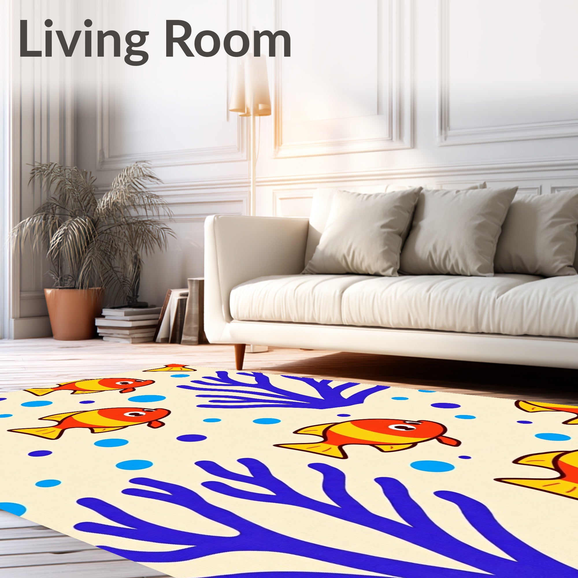 Whimsical Orange Fish Blue Coral Scene Rug