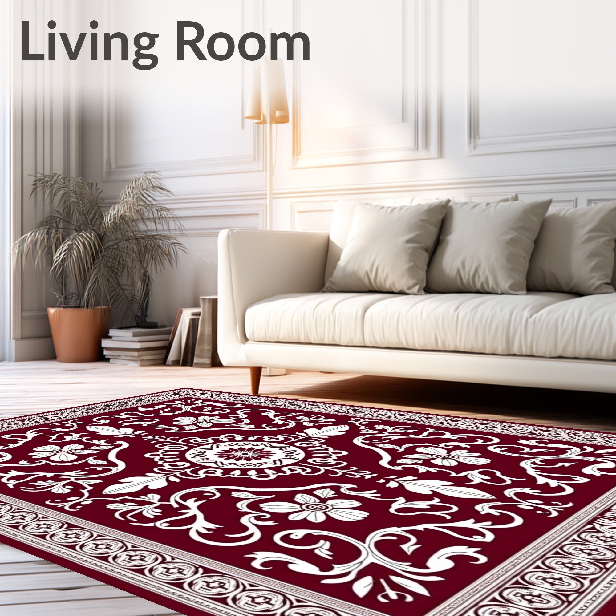 Deep Red White Floral Medallion Rug