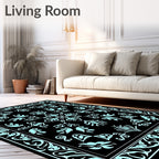 Black Cyan Floral Scroll Medallion Rug
