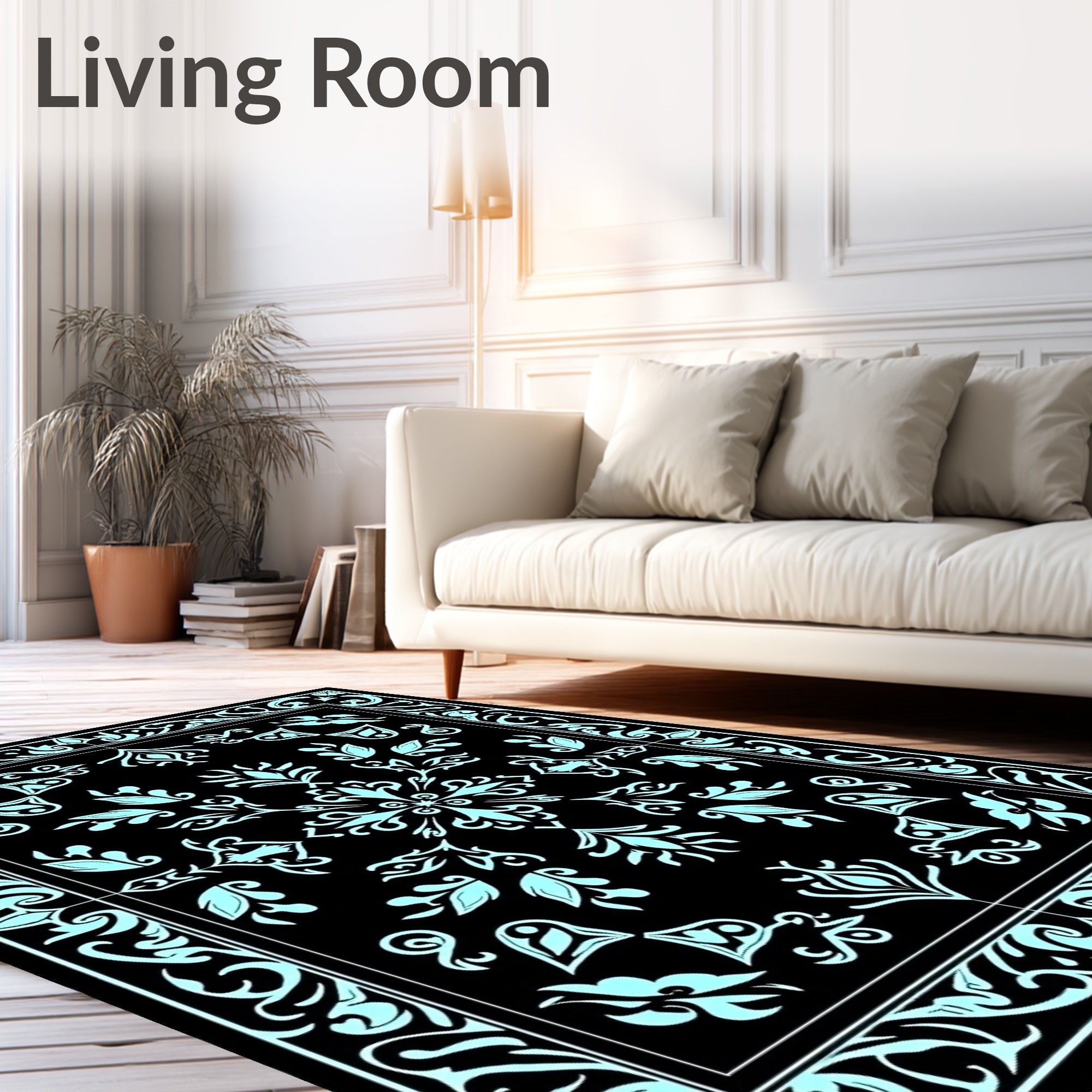Black Cyan Floral Scroll Medallion Rug