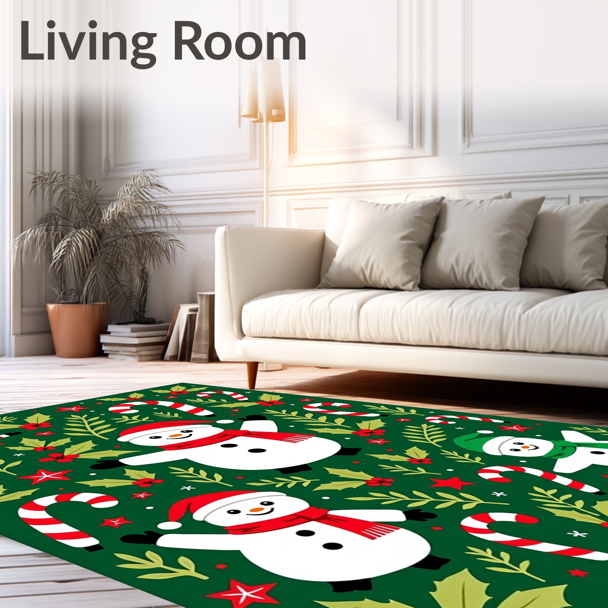Festive Snowmen Candy Cane Holly Sprigs Rug