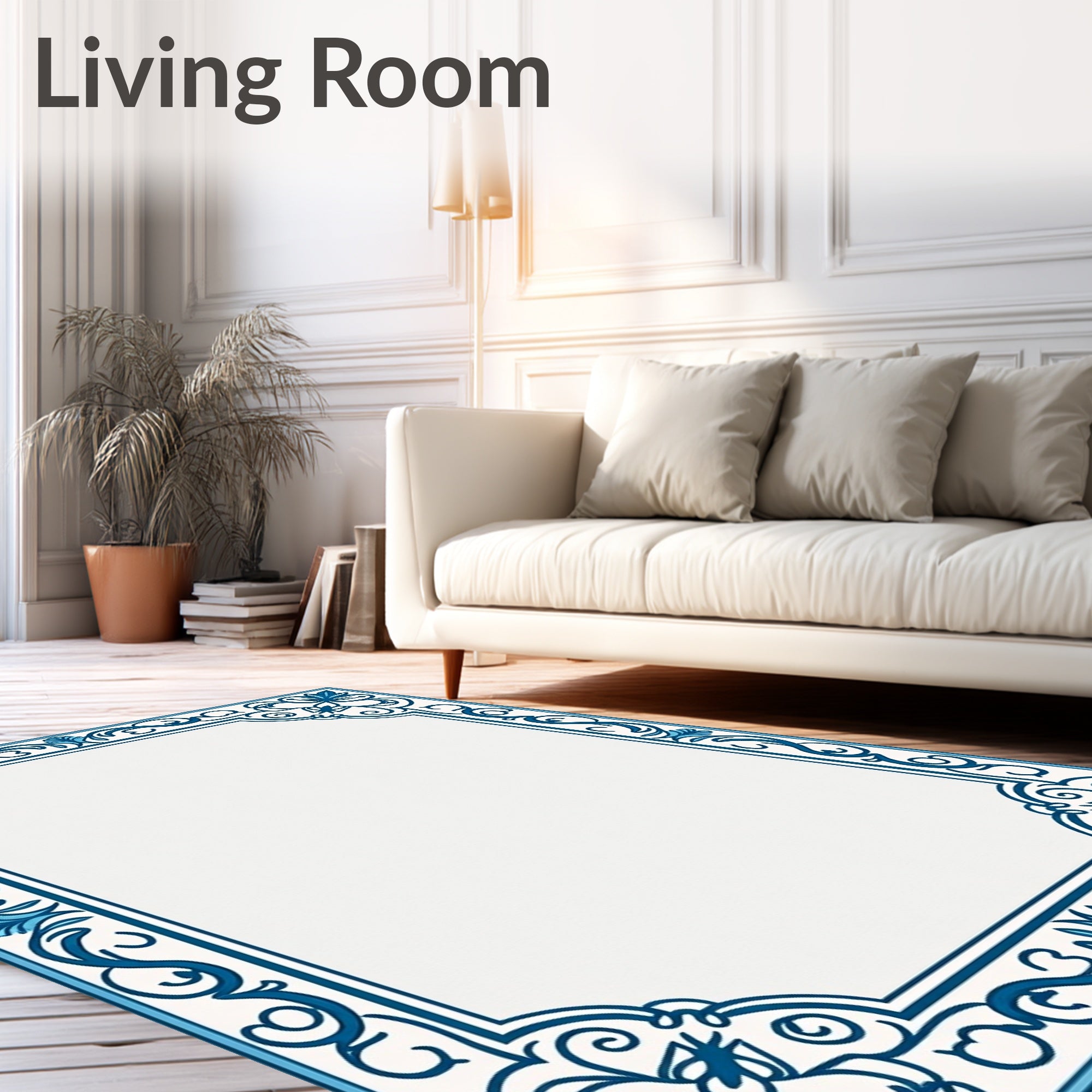 Classic Blue Floral Scroll Border Rug