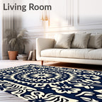 Cream Floral Mandala Navy Texture Rug