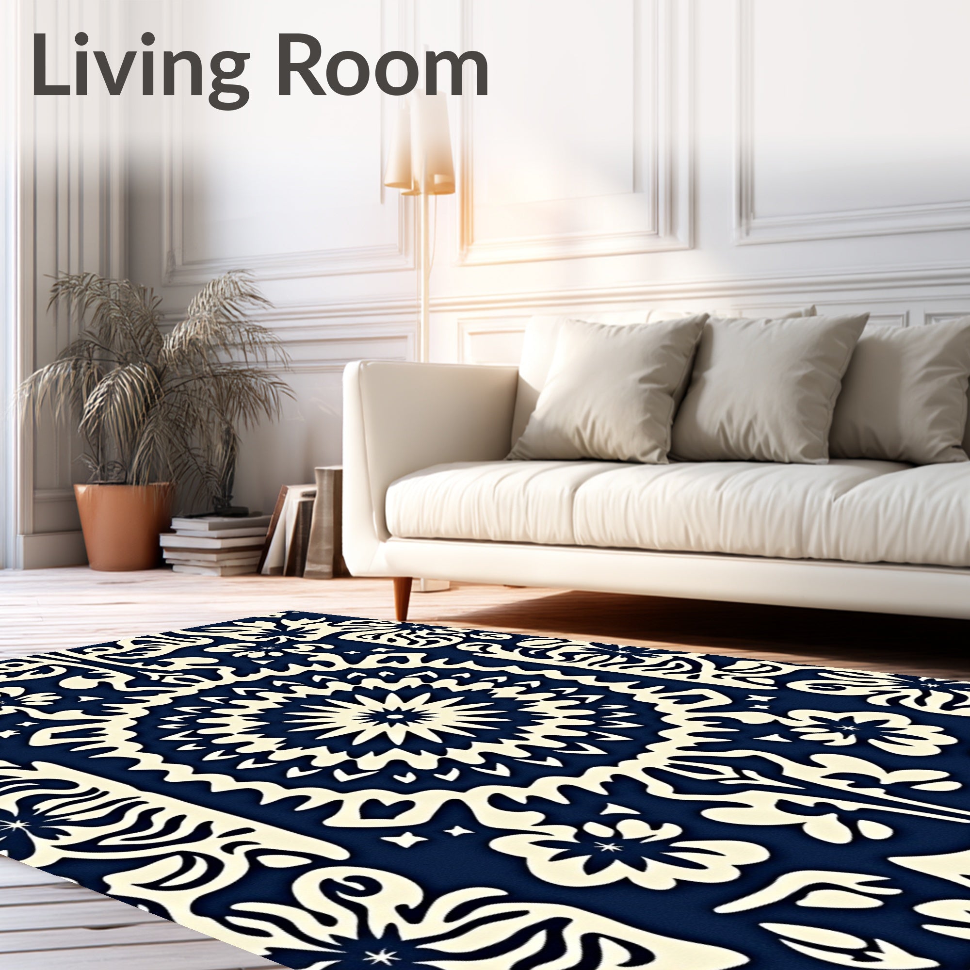 Cream Floral Mandala Navy Texture Rug