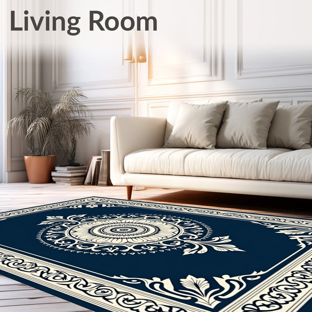 Ornate Cream Lotus Bordered Navy Rug