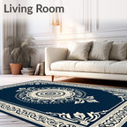 Ornate Cream Lotus Bordered Navy Rug