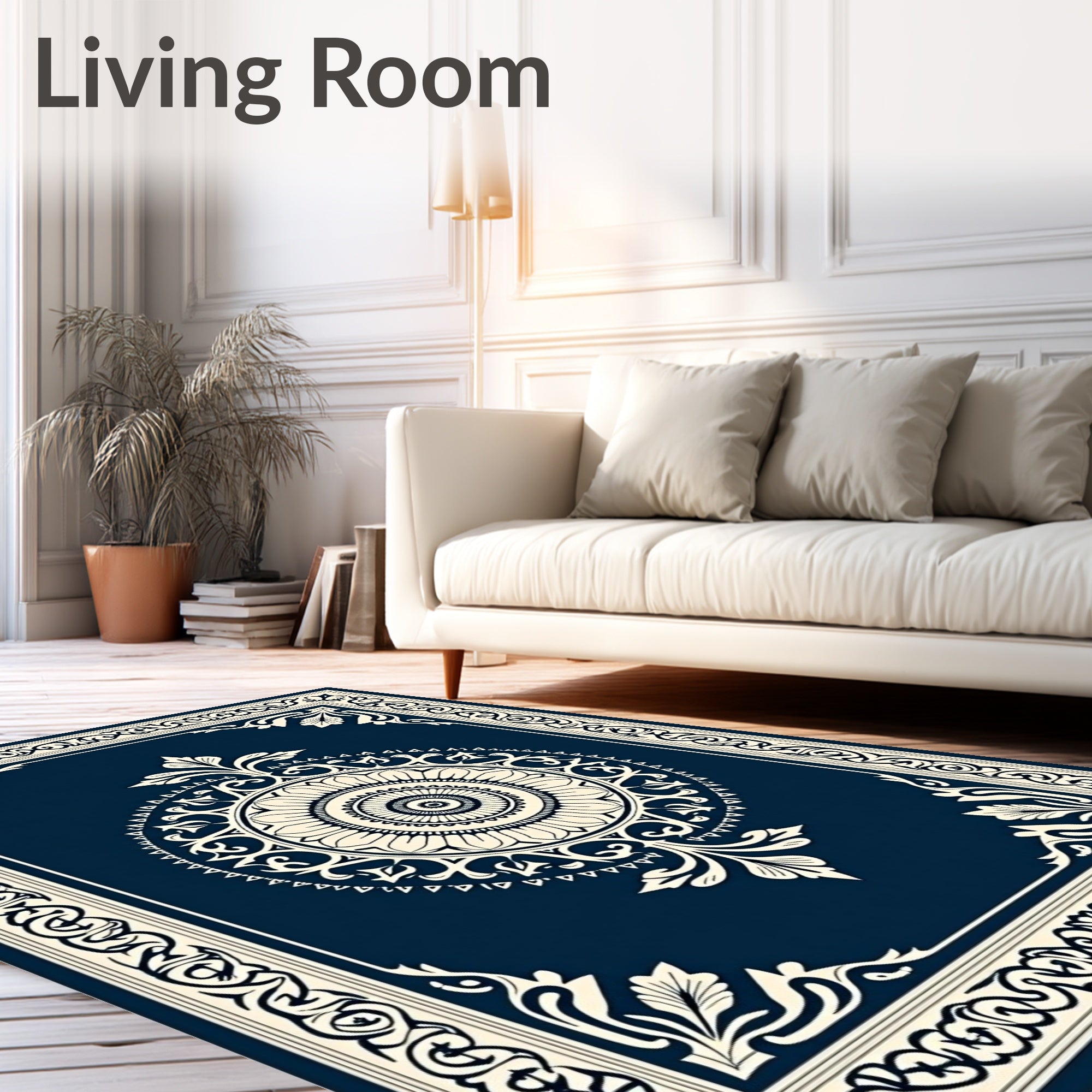 Ornate Cream Lotus Bordered Navy Rug