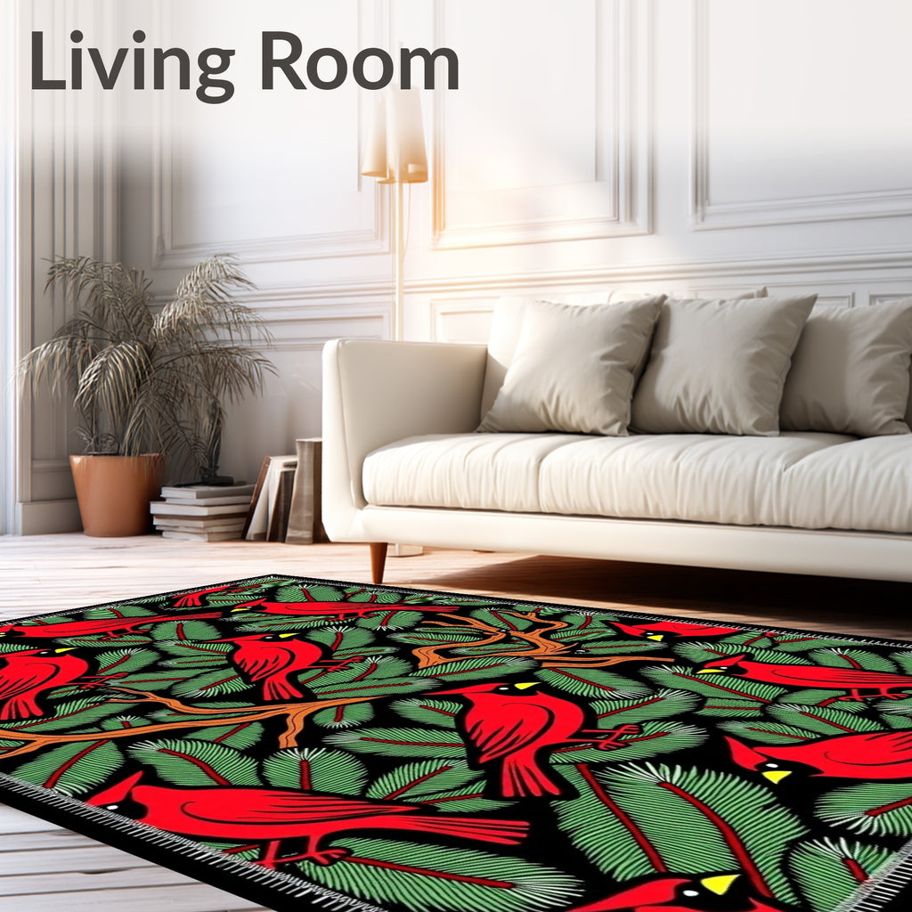 Red Cardinals Amidst Green Pine Sprigs Rug