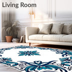 Teal Blue Floral Scroll Medallion Rug