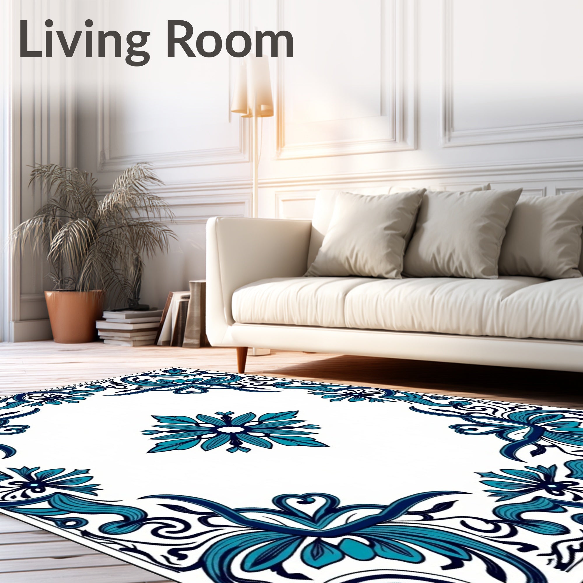 Teal Blue Floral Scroll Medallion Rug