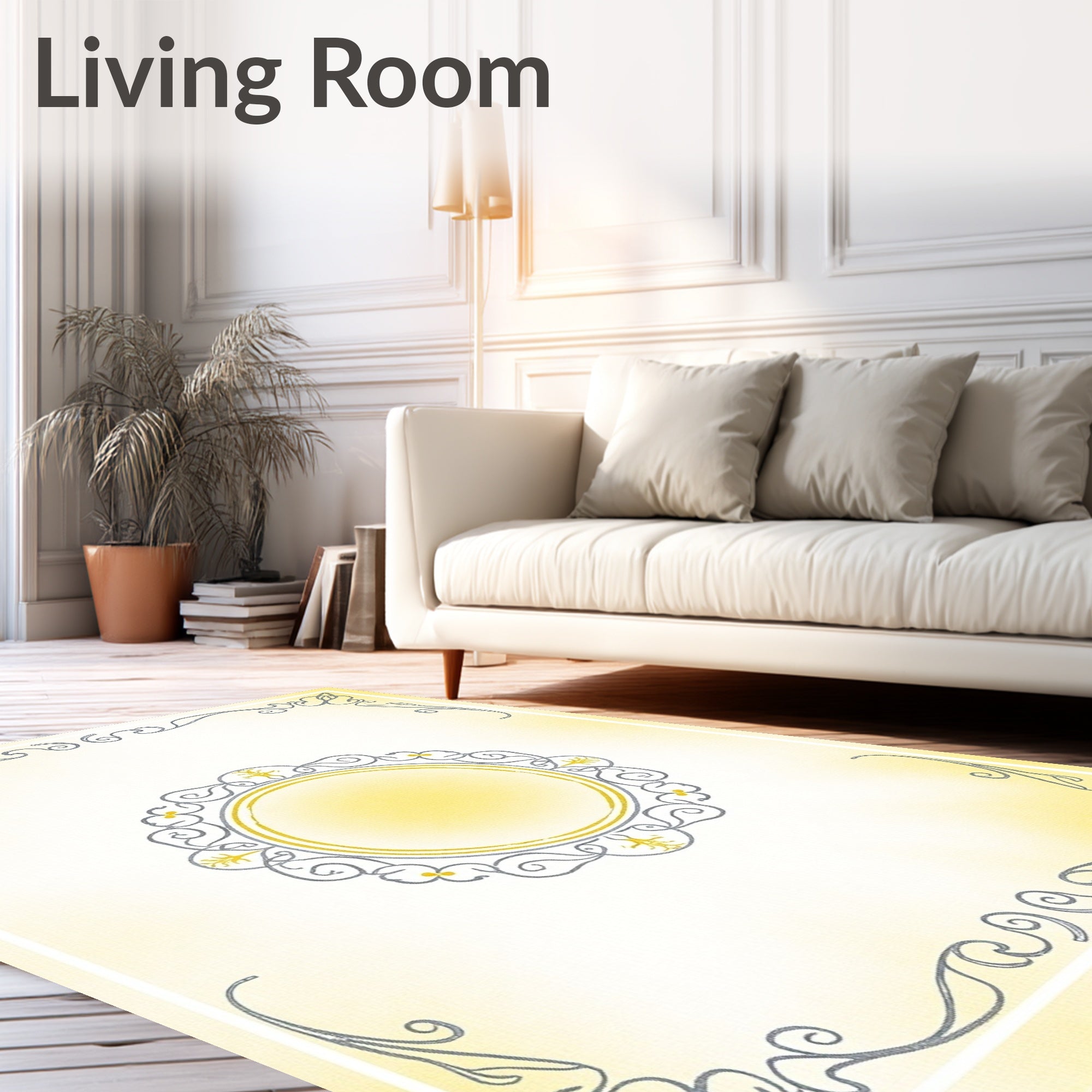 Elegant Yellow Gray Floral Medallion Frame Rug