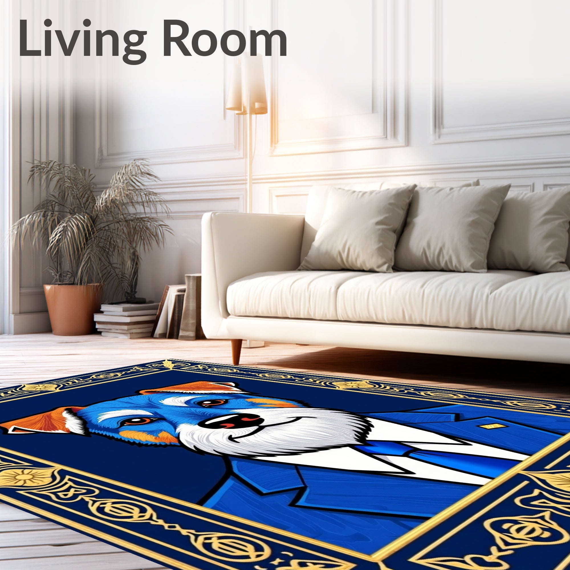 Blue And Gold Ornate Dog Portrait Rug