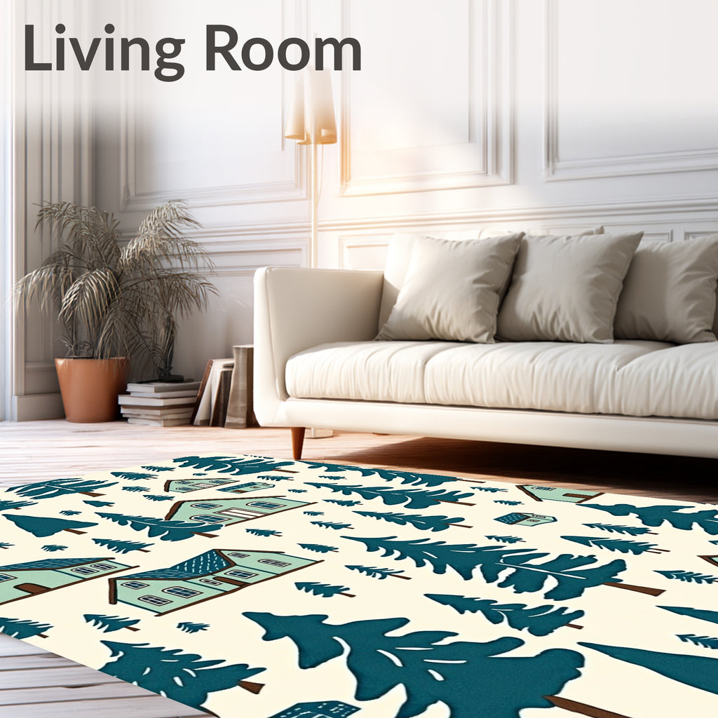 Teal Forest Village Scene Rug