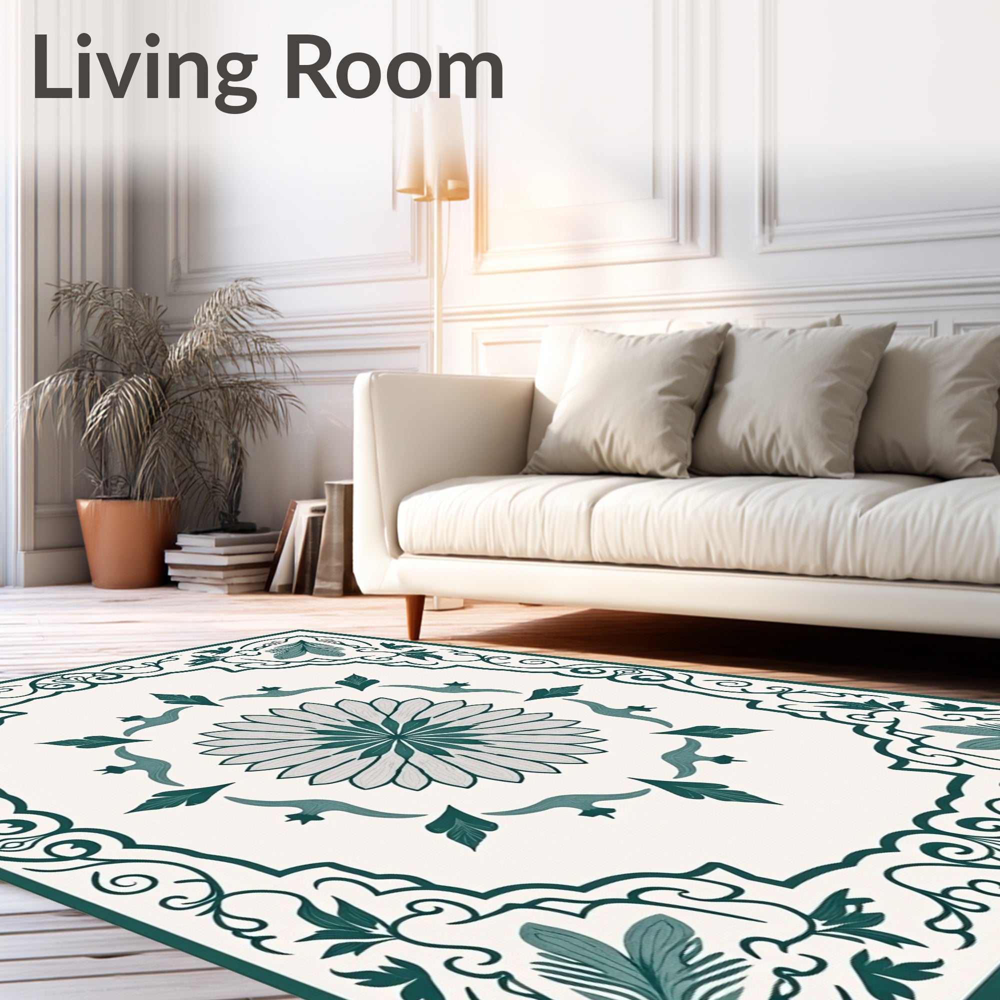 Teal Floral Garden Medallion Border Rug