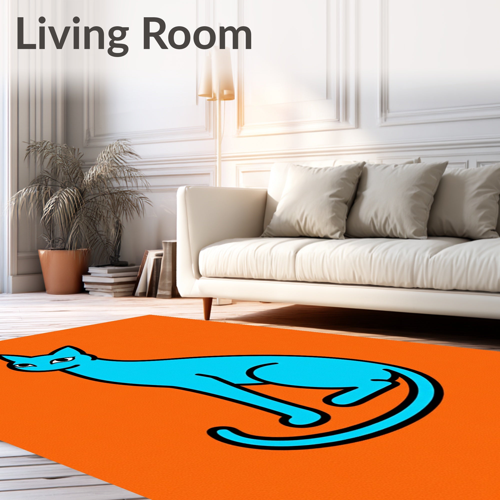 Bright Blue Cat Orange Background Rug