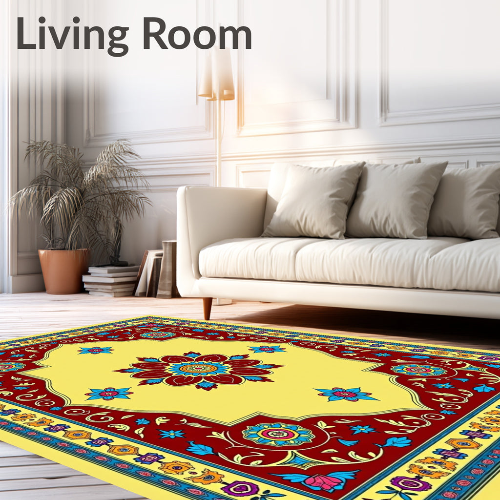 Vibrant Yellow Red Floral Medallion Rug