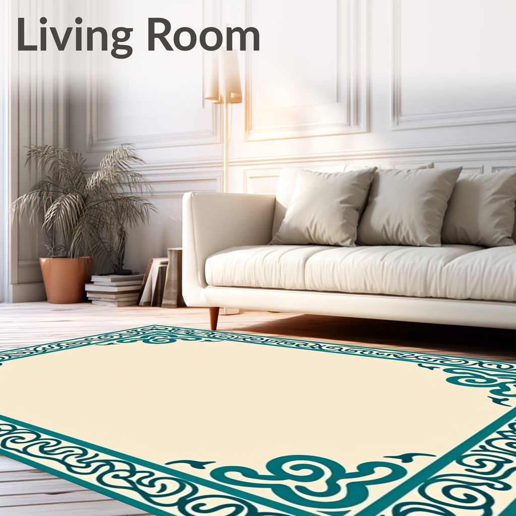 Teal Scroll Border Cream Rug