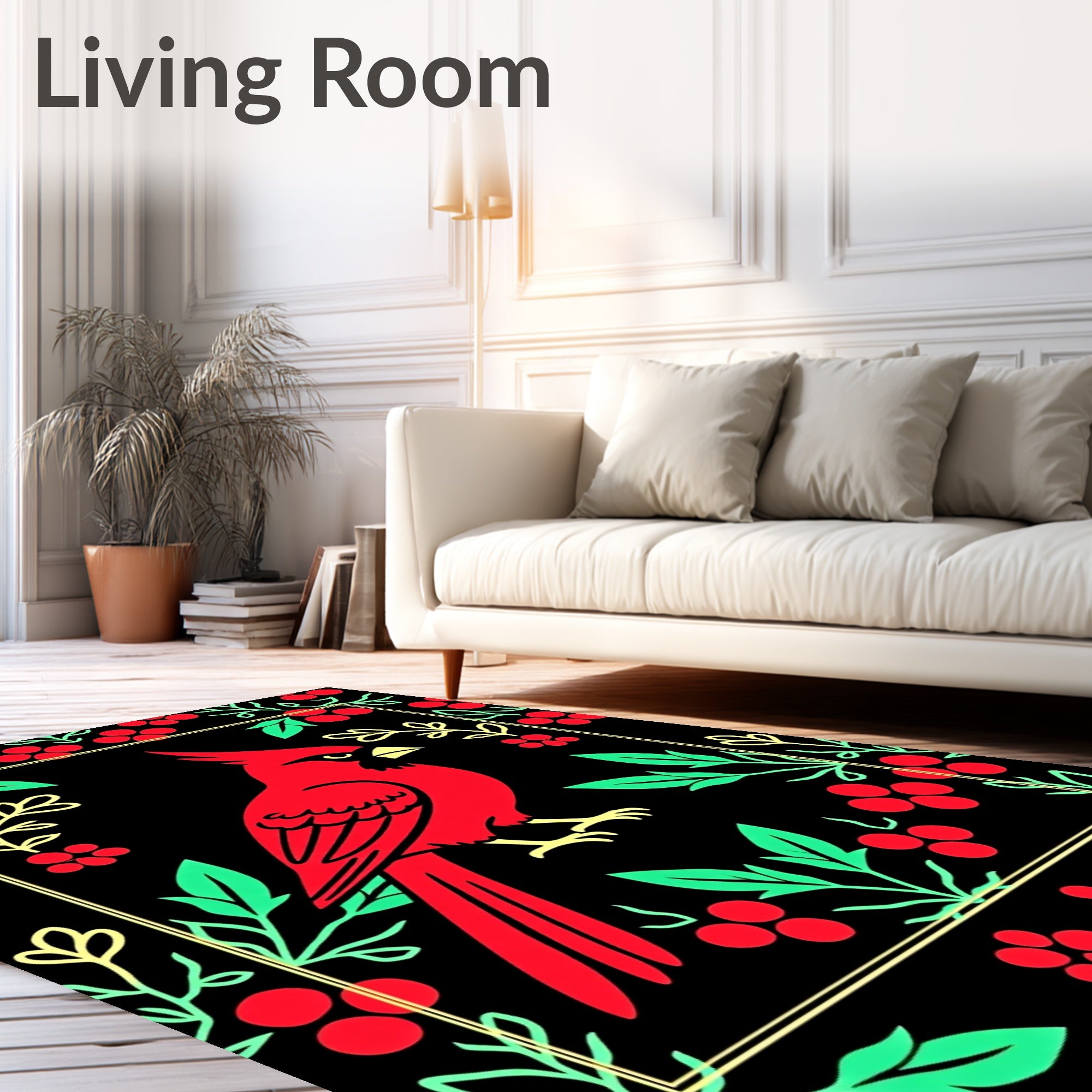 Bold Red Cardinal Floral Border Rug