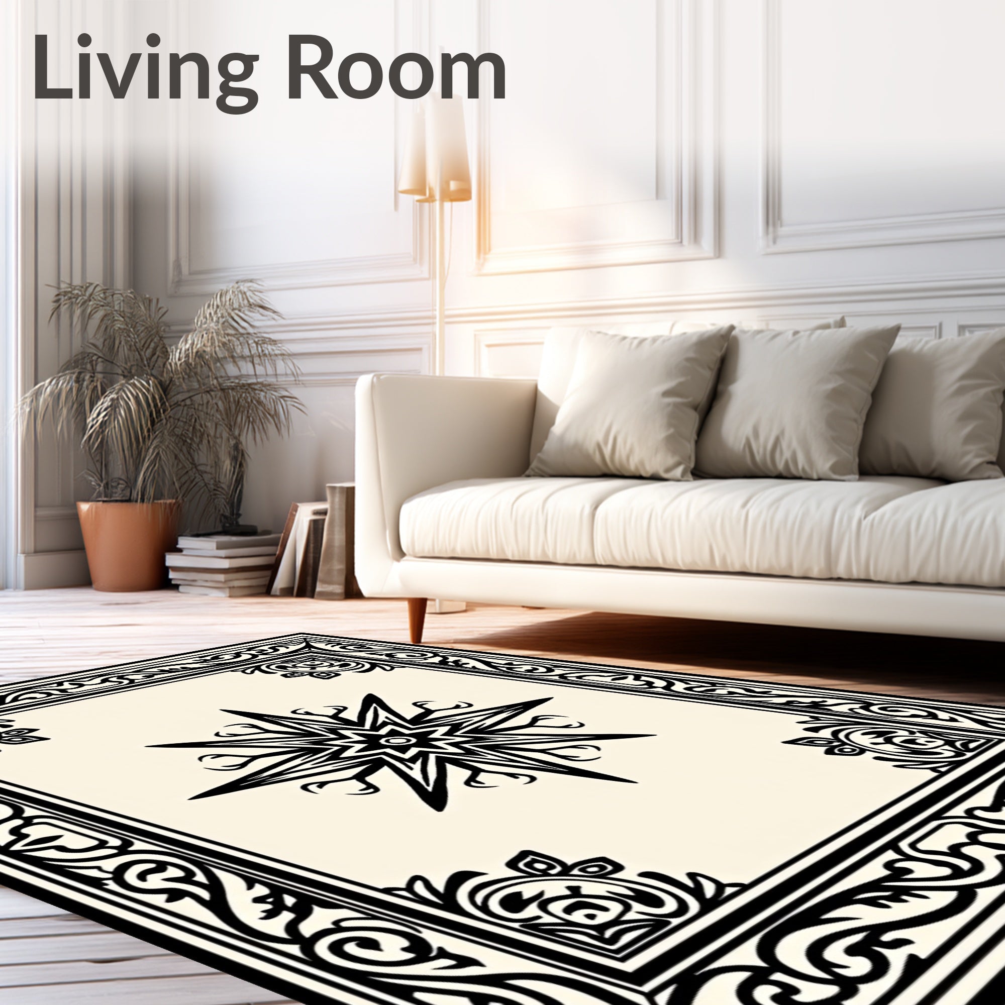 Black Ornate Border Starburst Rug