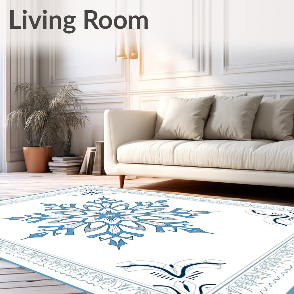 Arctic Blue Snowflake Geometric Border Rug