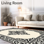 Ornate Black Scrollwork Central Medallion Rug