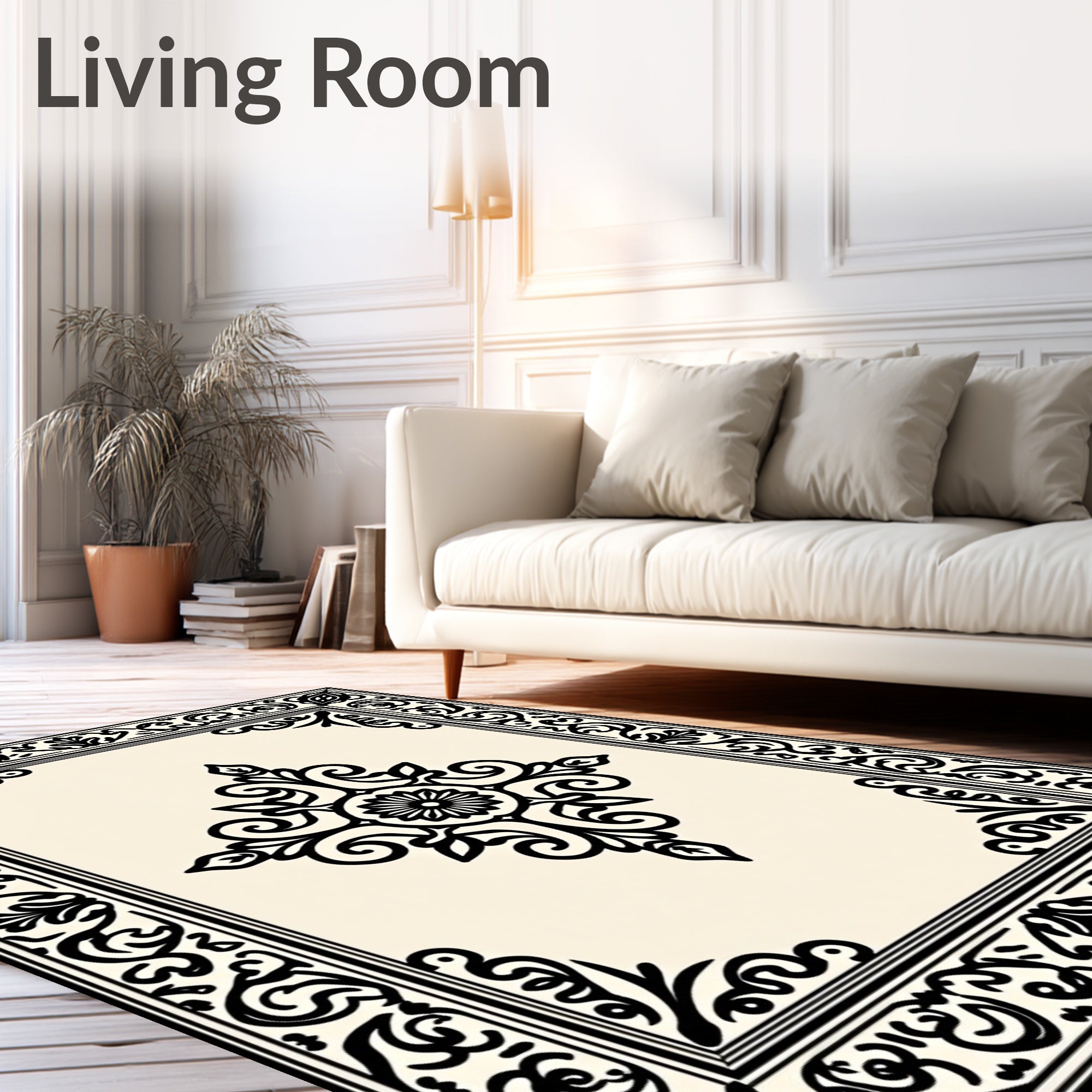 Ornate Black Scrollwork Central Medallion Rug
