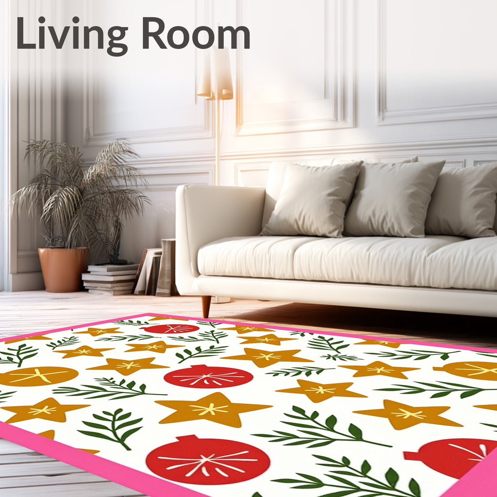 Golden Star Ornaments Red Green Sprigs Rug