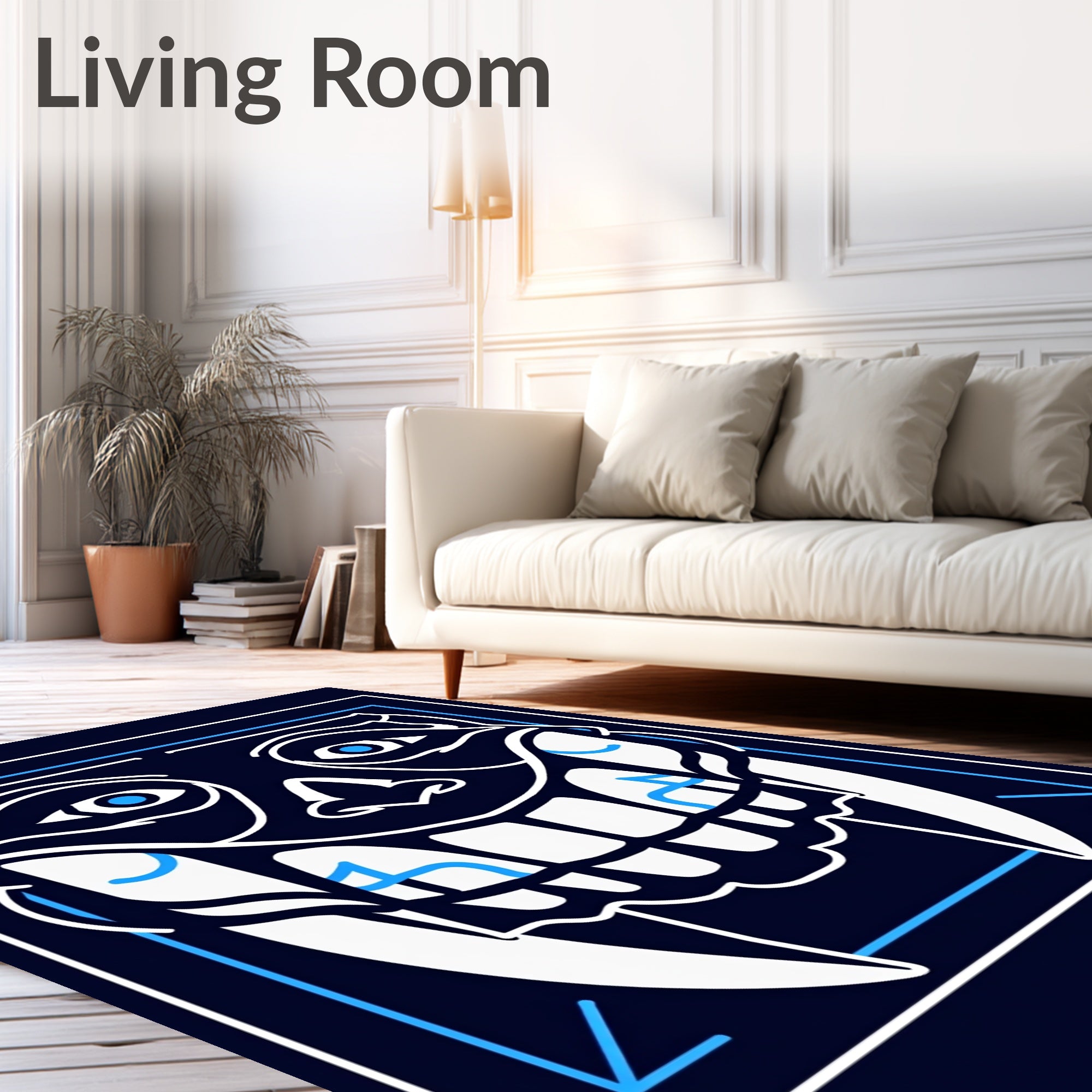 Dark Blue White Grinning Skull Outline Rug