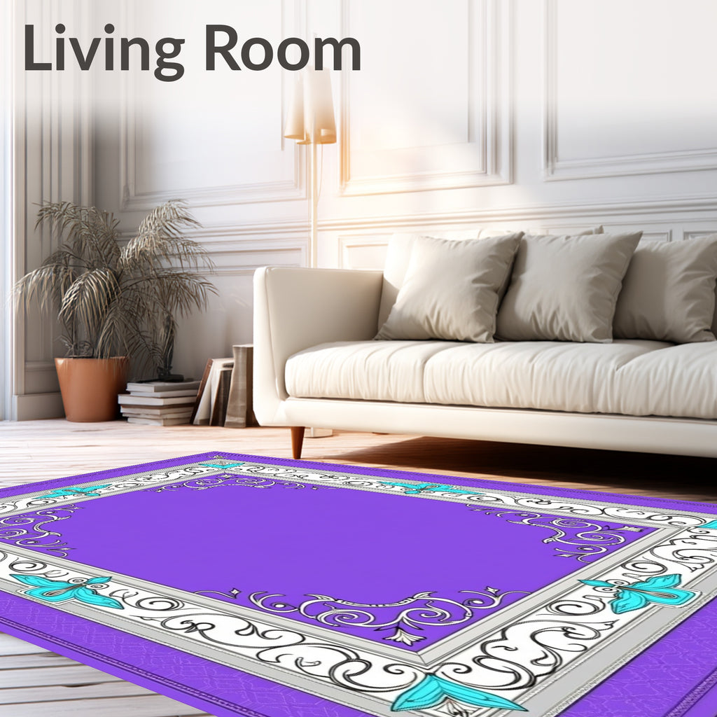 Ornate Purple White Teal Scrollwork Frame Rug