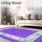 Ornate Purple White Teal Scrollwork Frame Rug