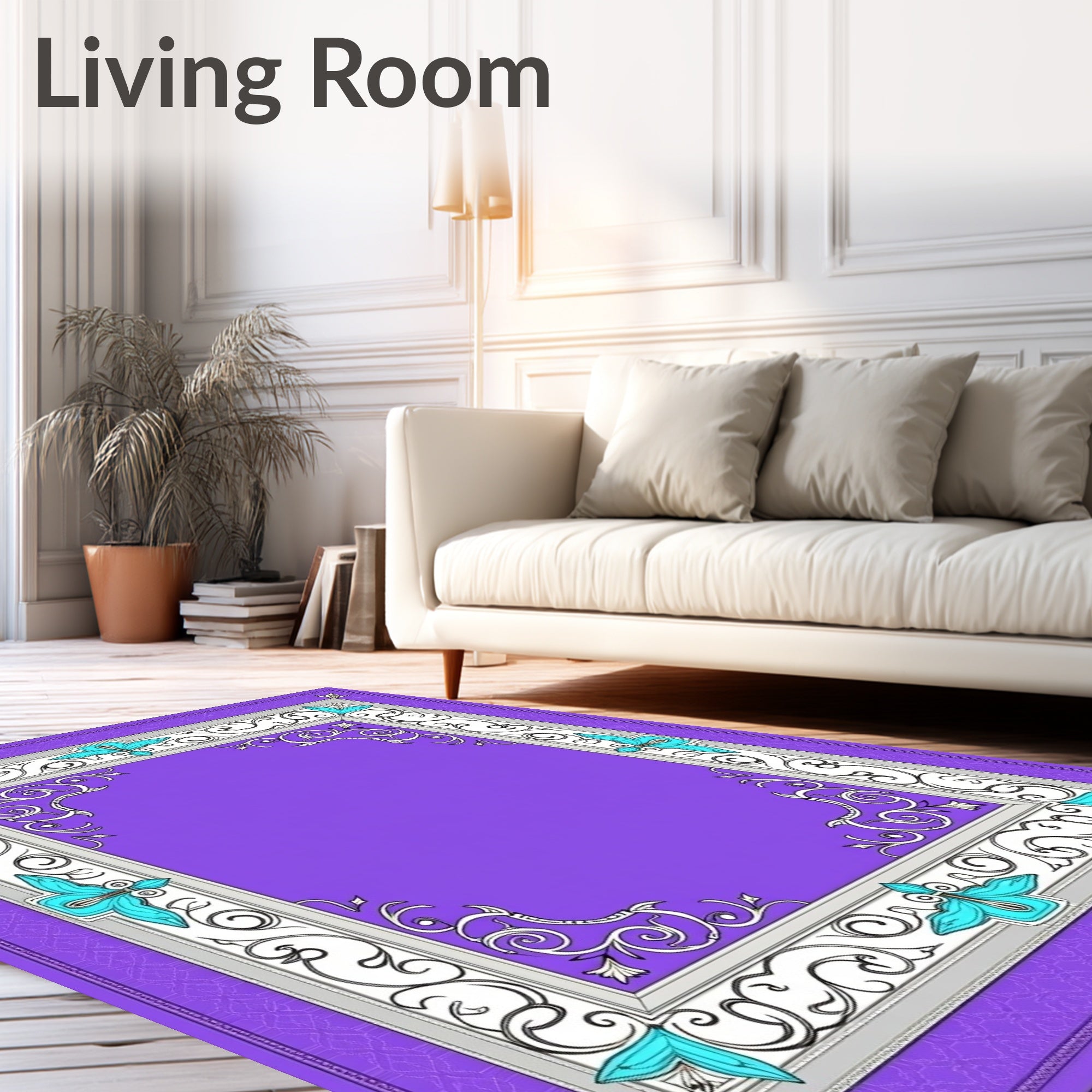 Ornate Purple White Teal Scrollwork Frame Rug