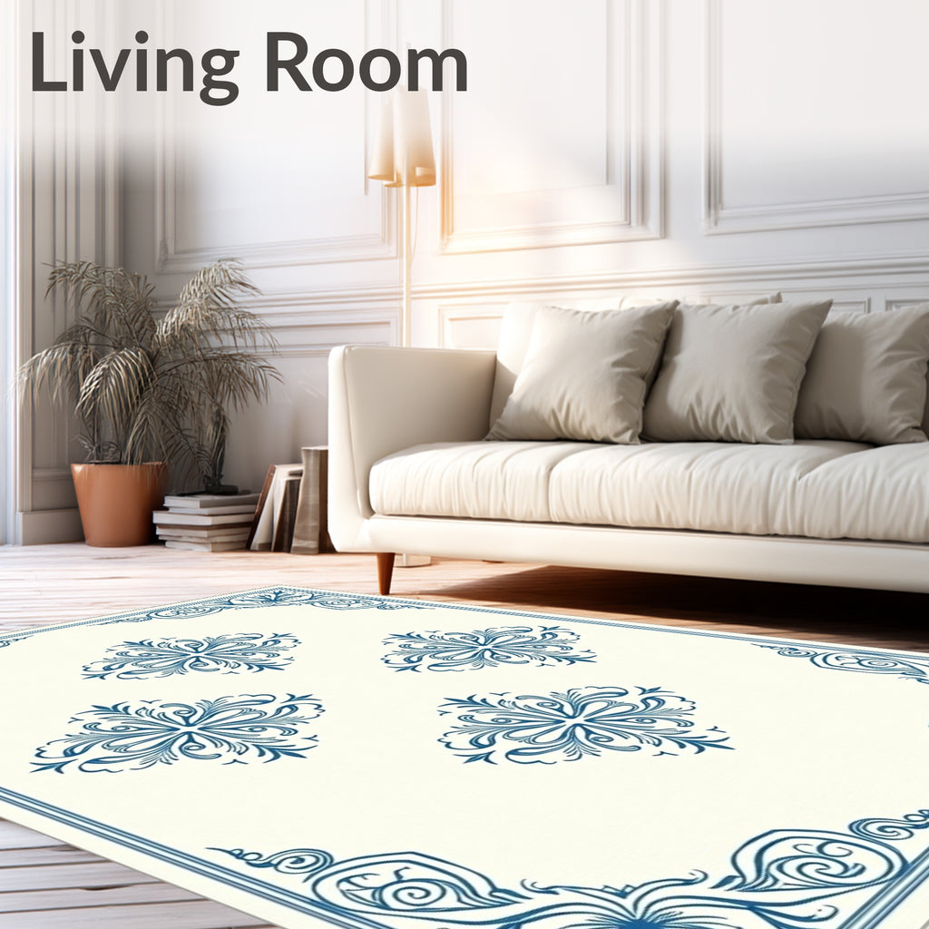 Ivory Blue Floral Medallion Border Rug
