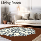 Brown Cream Navy Floral Medallion Rug