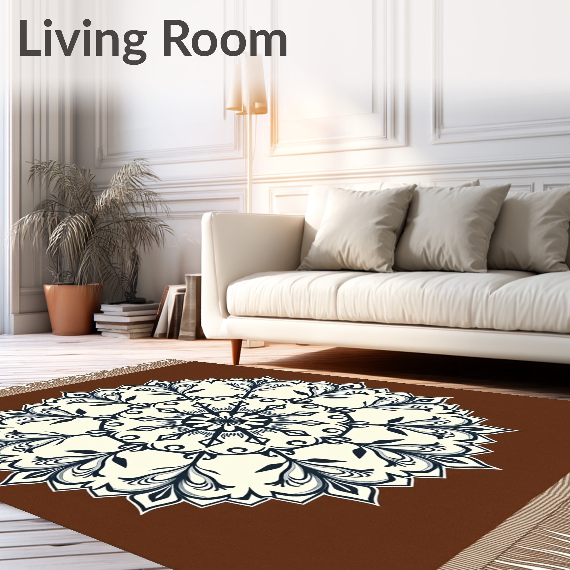 Brown Cream Navy Floral Medallion Rug
