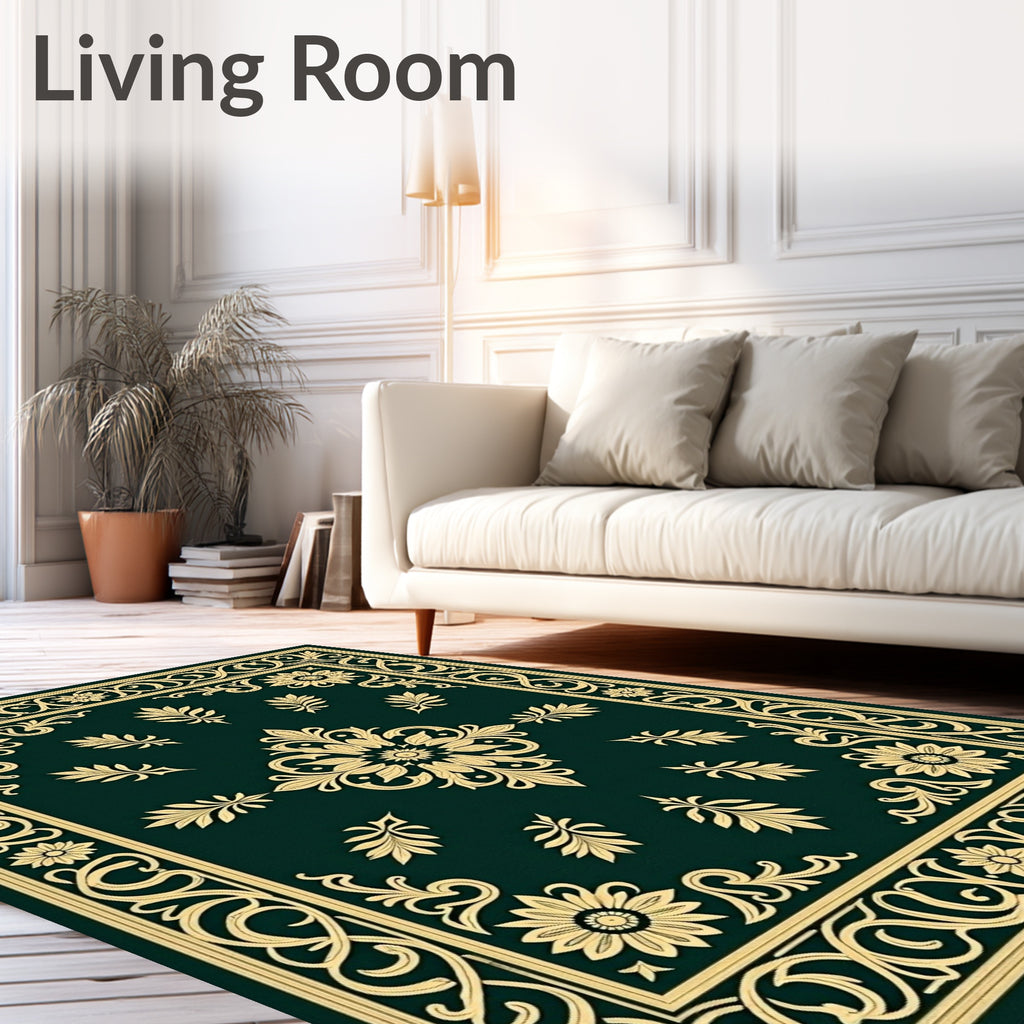 Emerald Gold Detailed Floral Medallion Rug