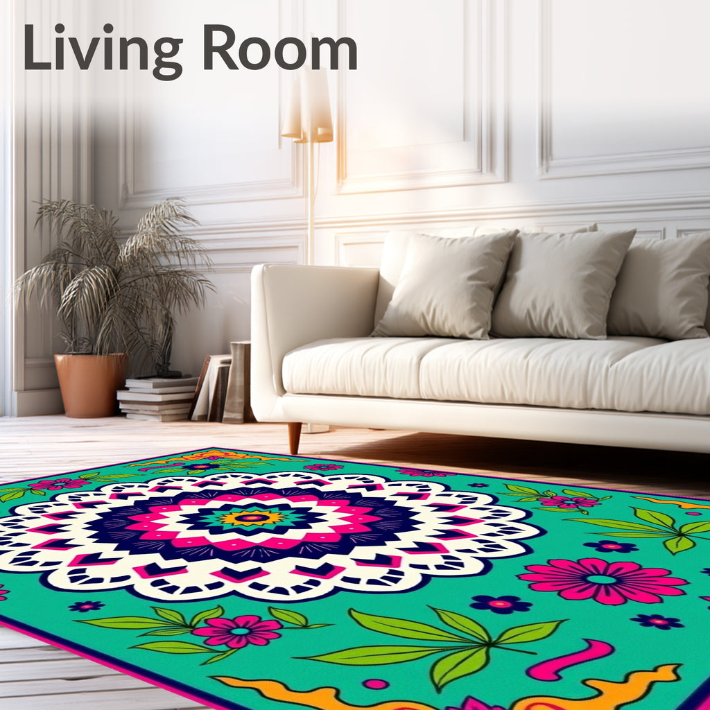 Vibrant Teal Floral Mandala Rug
