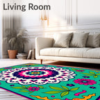Vibrant Teal Floral Mandala Rug
