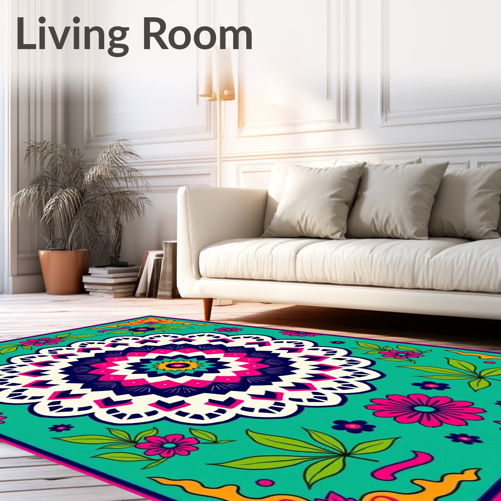 Vibrant Teal Floral Mandala Rug