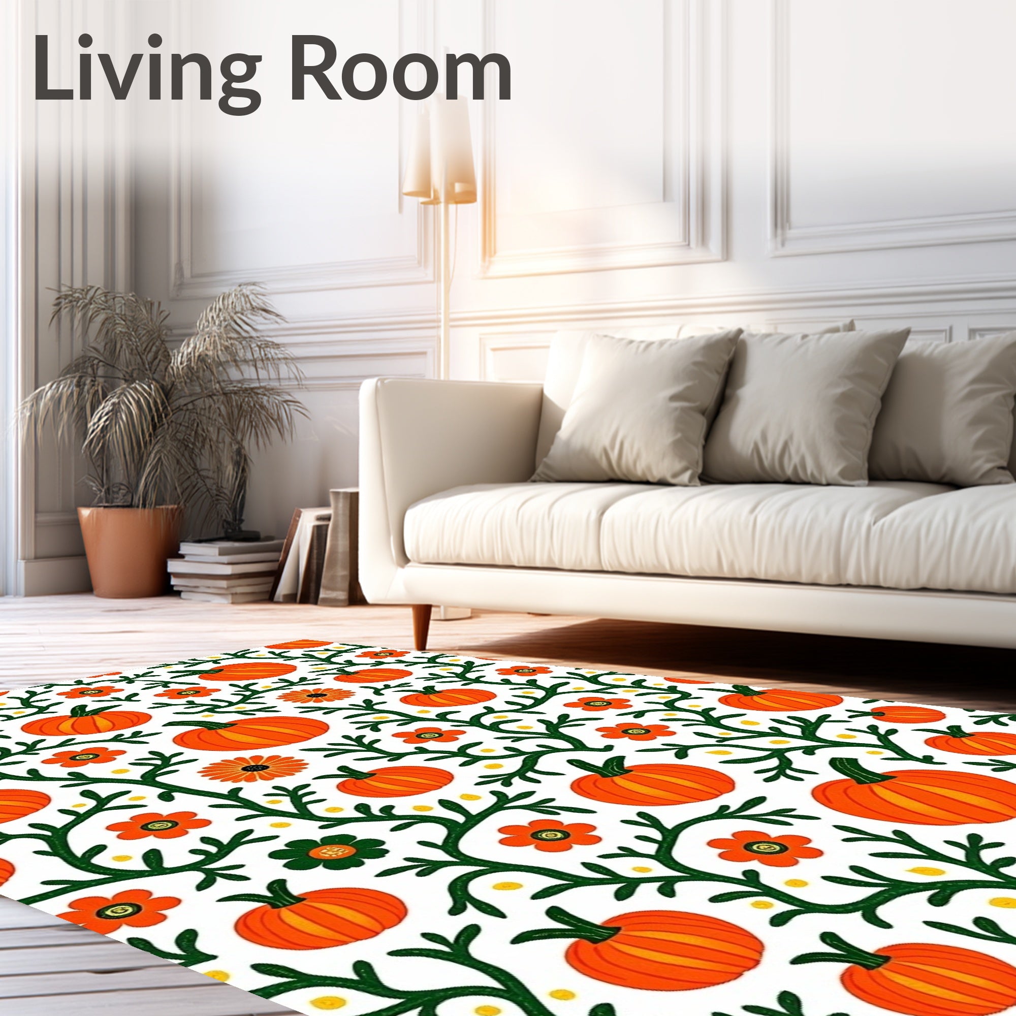 Orange Pumpkin Floral Vine Background Rug