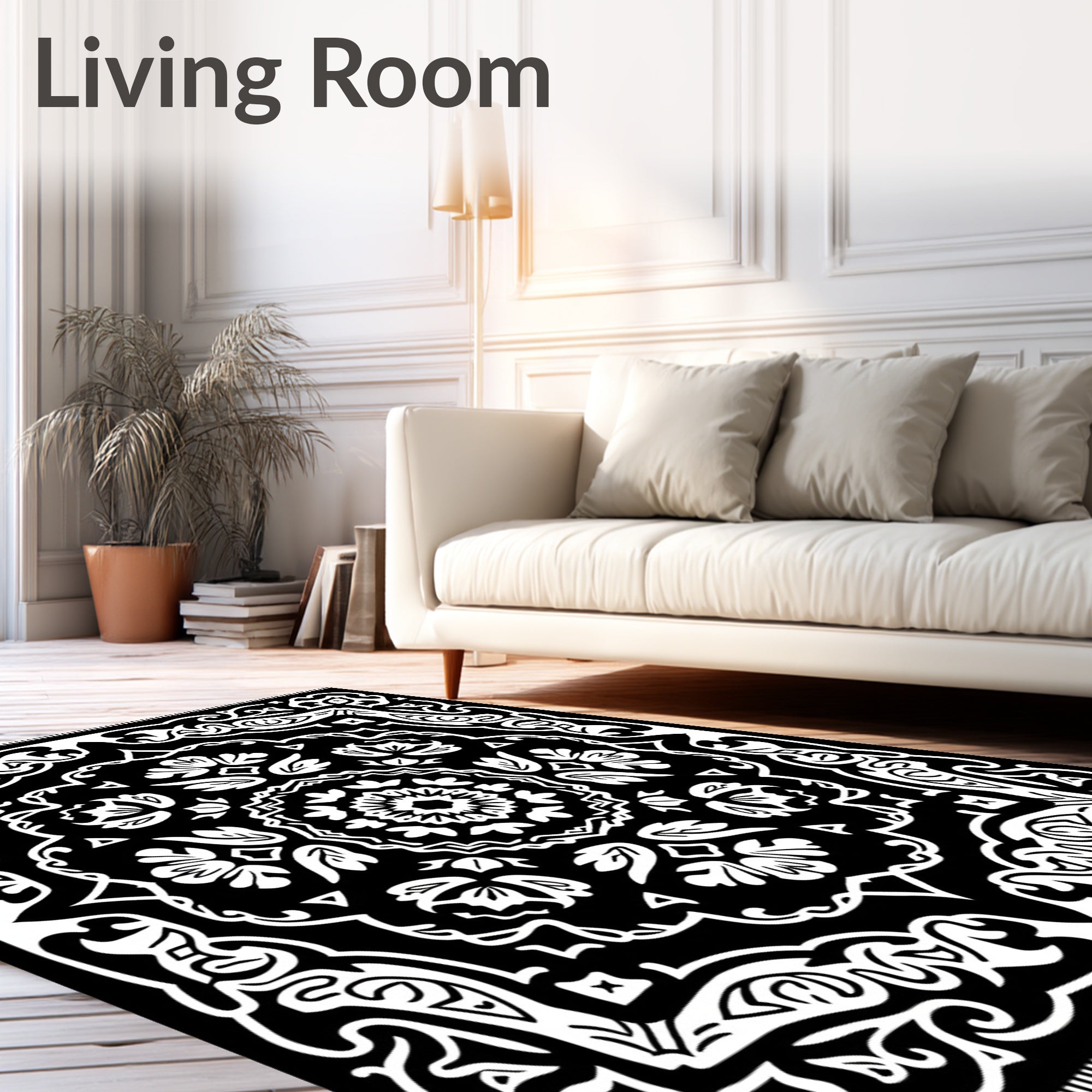 Black White Floral Mandala Medallion Rug