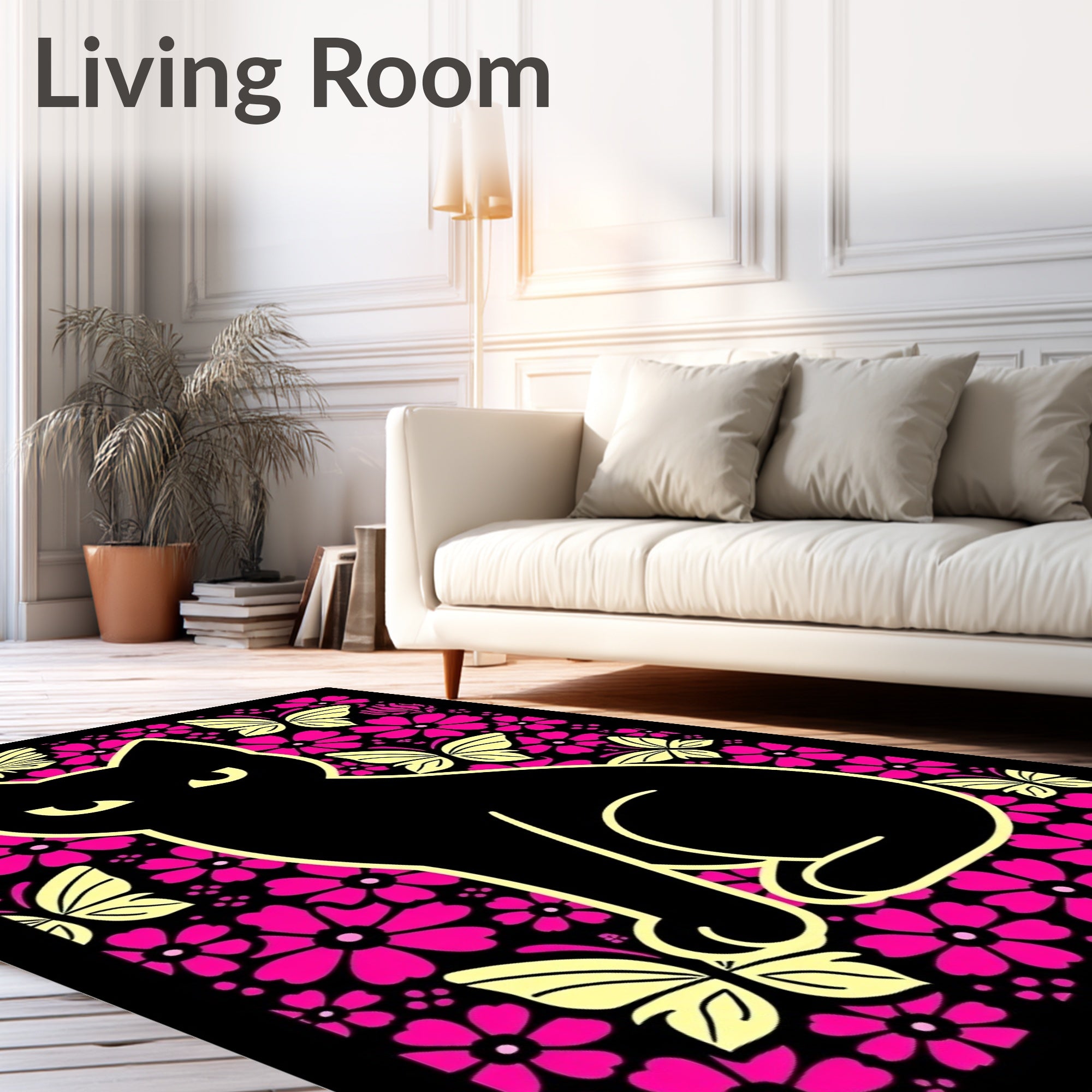 Black Cat Floral Butterfly Garden Rug